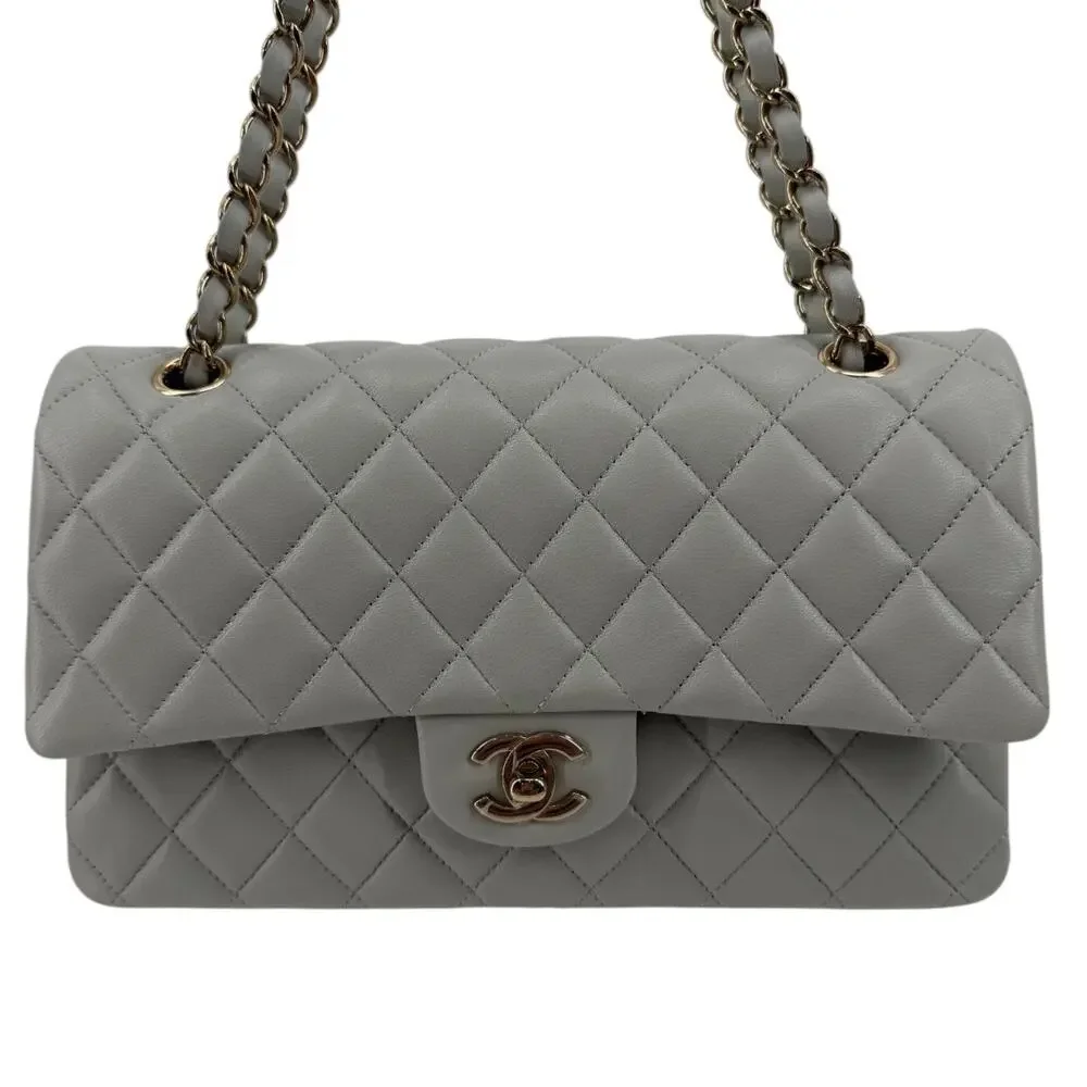 Chanel Lambskin Quilted Classic Double Flap Shoulder Bag Gray Gold Women's